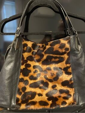 Marco Buggiani Women's Black Leather Tote with Leopard Print Panel